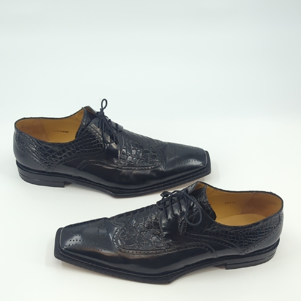MEZLAN Platinum Wingtip Oxford Lace Up Shoes Black Crocodile Inset Sz 16 - Picture 6 of 11